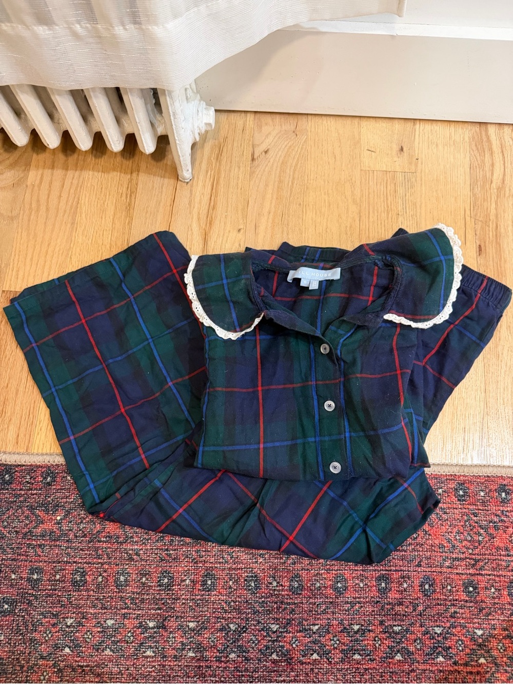 Navy & Green Plaid Pajama Set with Lace Collar